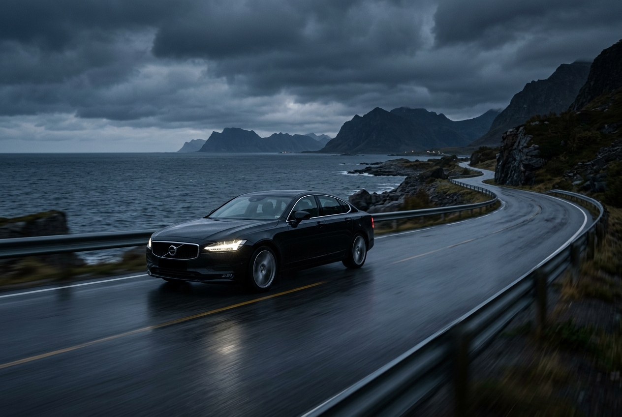 Sort executivesedan på skandinavisk kystvej i skumringen