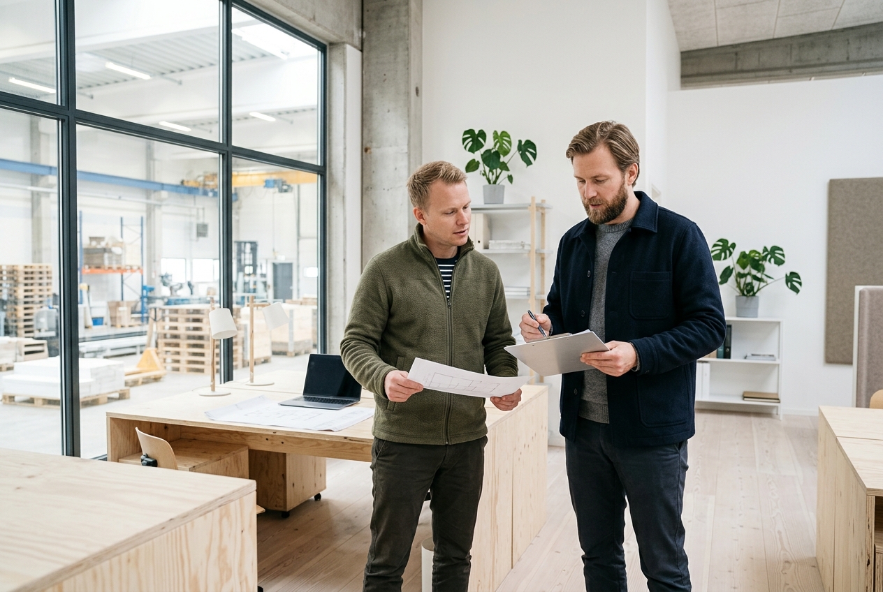 To medarbejdere samarbejder i lyst skandinavisk arbejdsmiljø