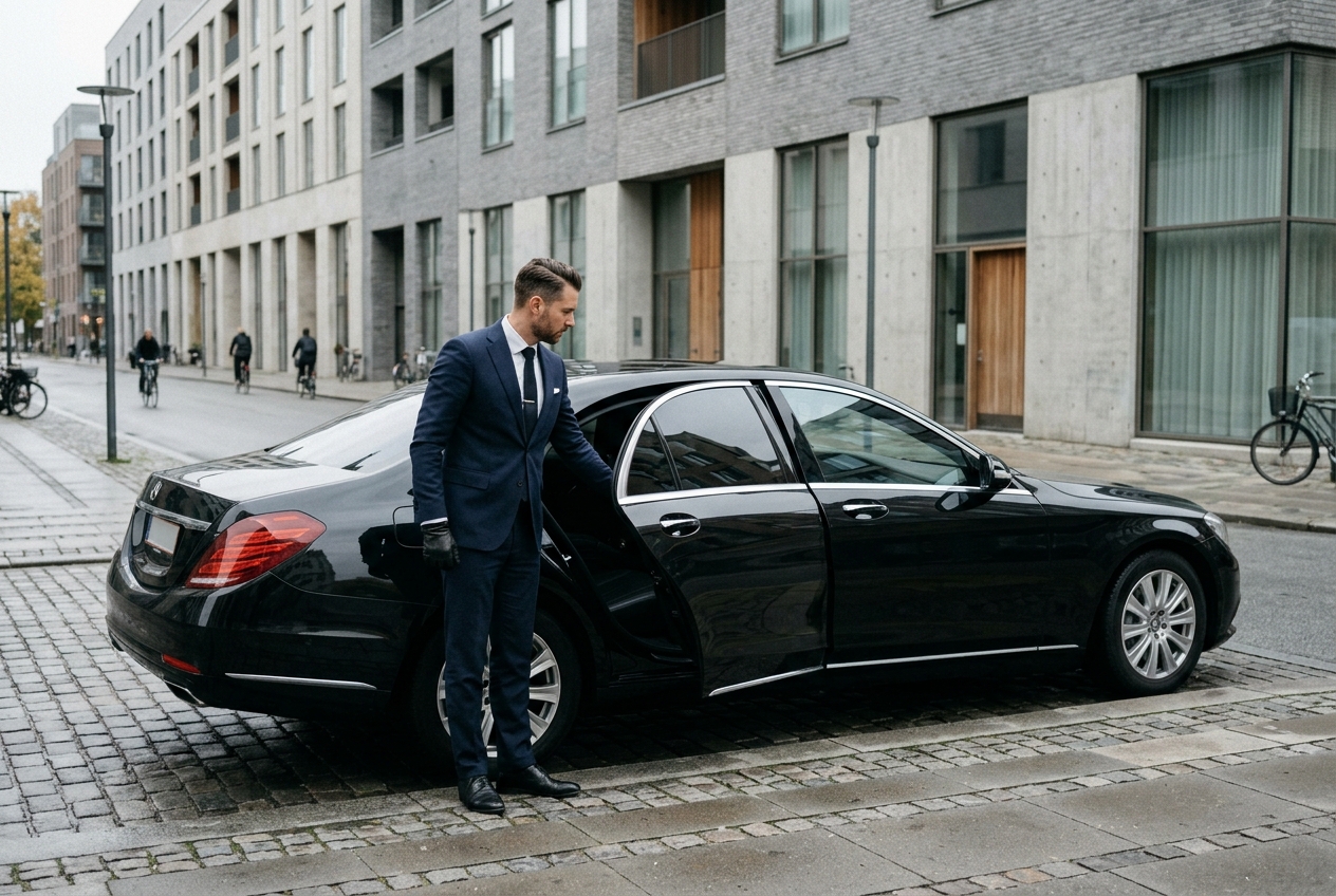Chauffør åbner døren til sort executivesedan